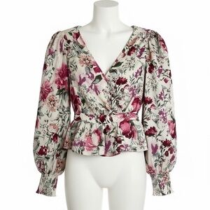 Express Floral Satin Peplum Top Size XXS Balloon Sleeves Date Night Coquette